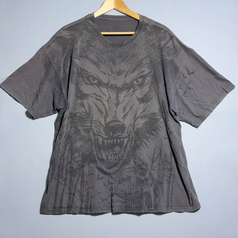 Y2K AOP Wolf Oversized T-Shirt Mens Size XL Cotton Goth Grunge Animal